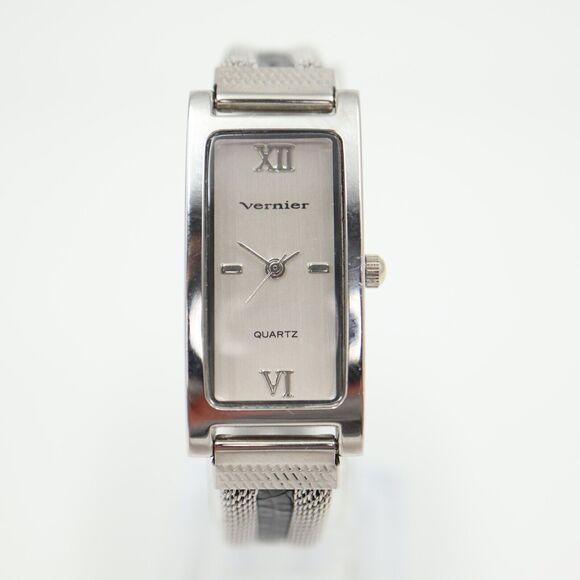 Vernier Womens Silver Tone Watch 18mm Slim Rectangle Mesh Strap with New Battery - Picture 6 of 16